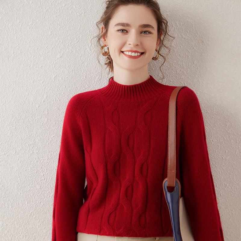 Women's Cable Knit Cashmere Top – Half-High Collar, Long Sleeve, Loose Fit, Versatile Sweater
