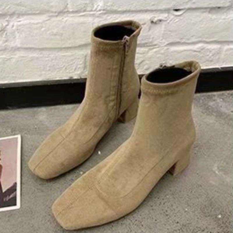 Сапоги для женщин 2024 осень зима новые женские сапоги на толстом каблуке высококачественные мягкие замшевые модные сапоги с боковой молнией Botas Mujer