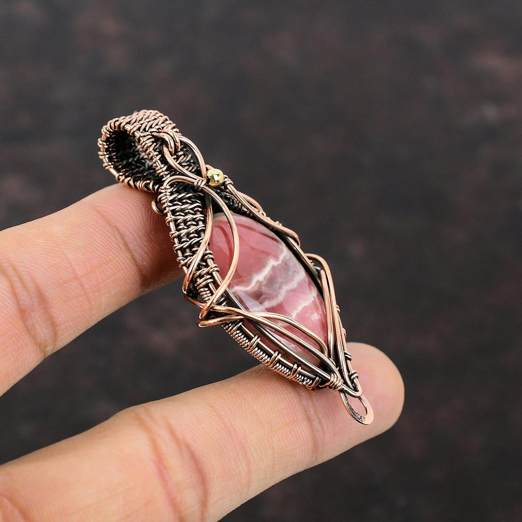 Подвеска с родохрозитом, медная проволока, кулон, драгоценный камень, медные украшения, кулон ручной работы, проволочная пленка, ювелирный подарок для мамы, кулон с камнем по случаю рождения