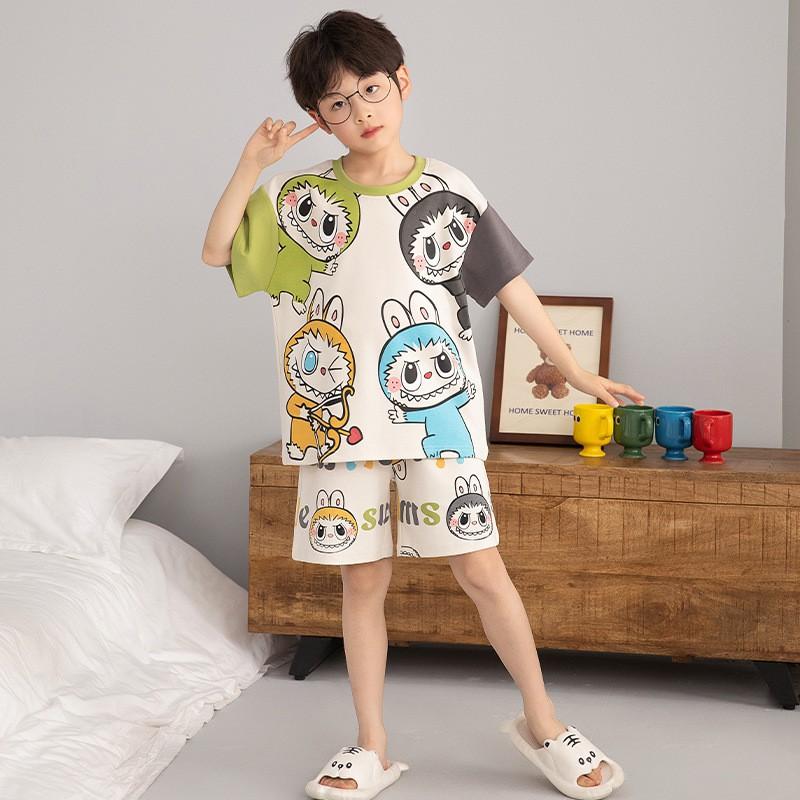 Boys Cotton Short Sleeve Pajama Set Kids Sleepwear Home Outfit Cartoon Print Lightweight Comfortable