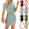 Women's Fashion Solid Colour Round Neck Pleated Tie Short Sleeve Knitted Hip Dresses