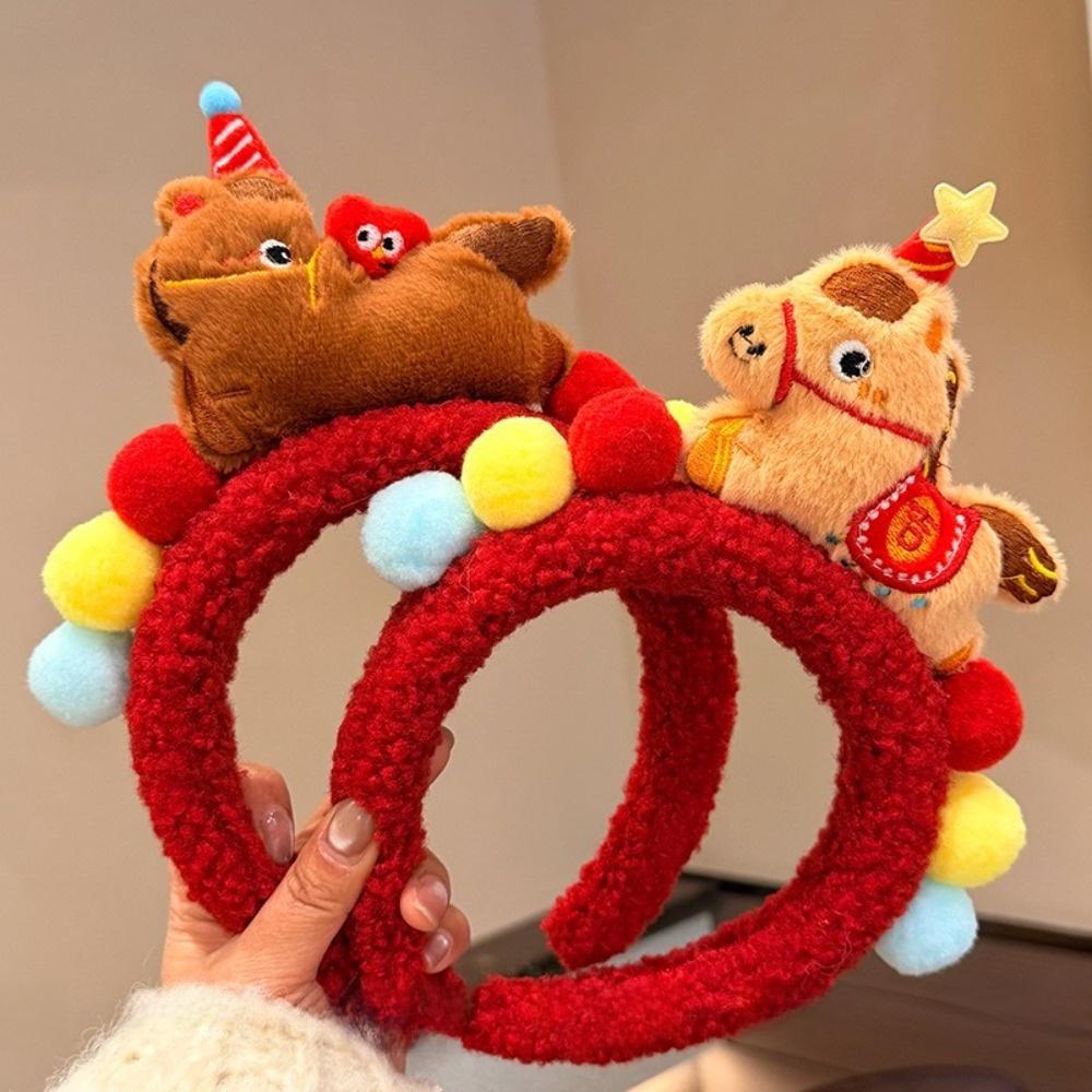 Plush Pony Headpiece Red New Year Mascot Headband Gift Cartoon Horse Hair Hoop  New Year