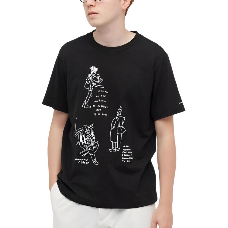 Uniqlo Унисекс прямая футболка с мультяшным принтом, облегающая, черная 437288-09