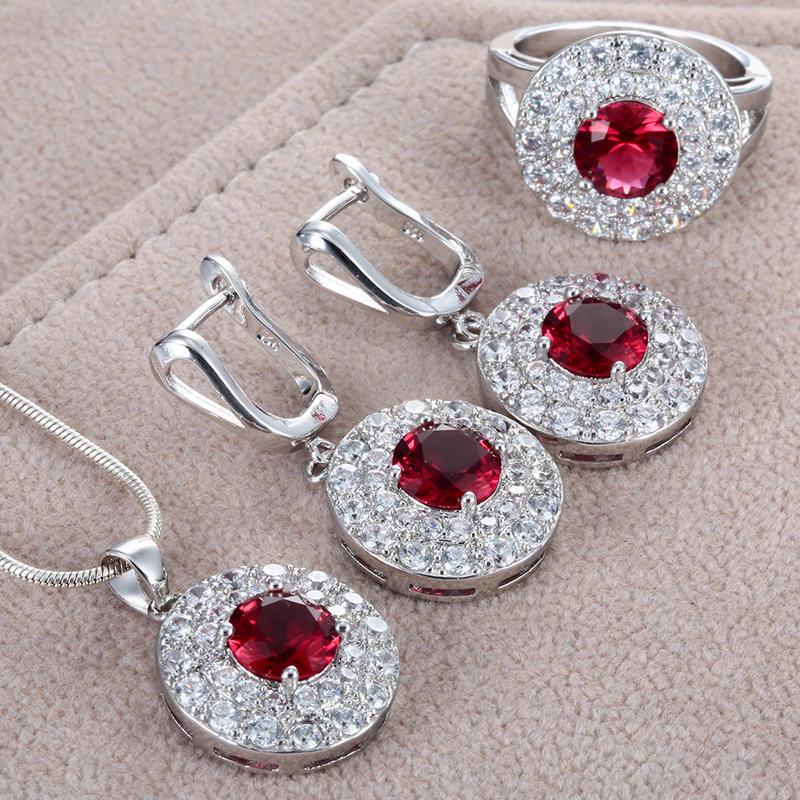 Мода Круглый Красный Кристалл Горный Хрусталь Серебряный Цвет Обручальное Кольцо Серьги Ожерелье Набор