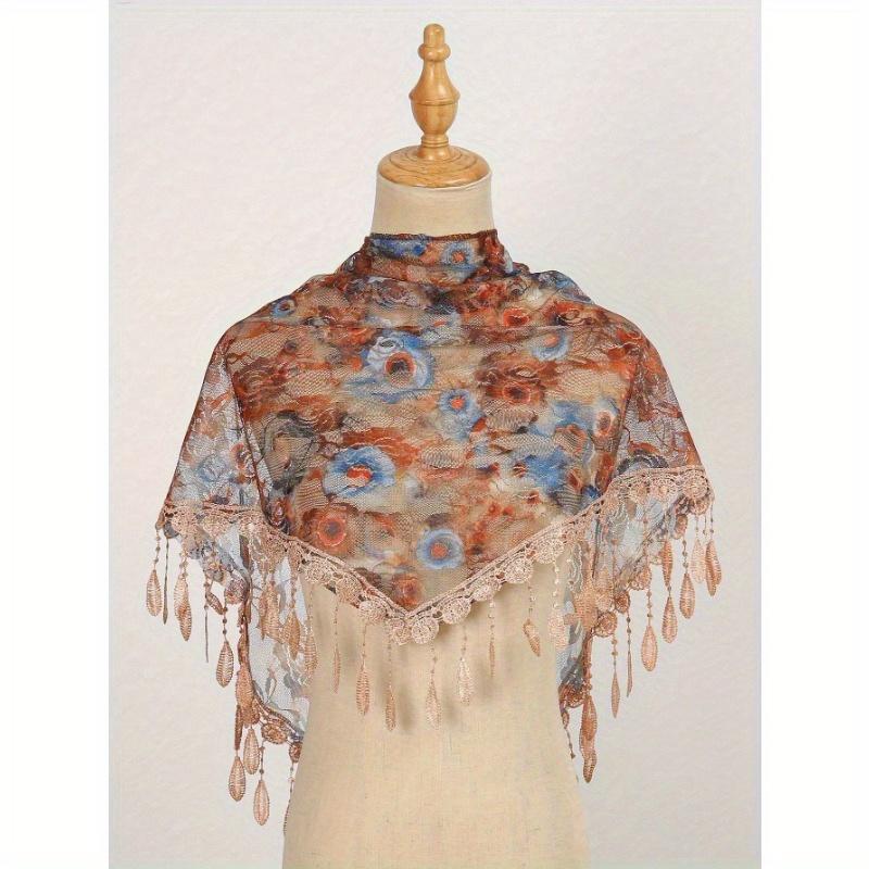 1pc Fashionable Colorful Rose Floral Print Lace Tassel Shawl Scarf, Suitable For Everyday Wear