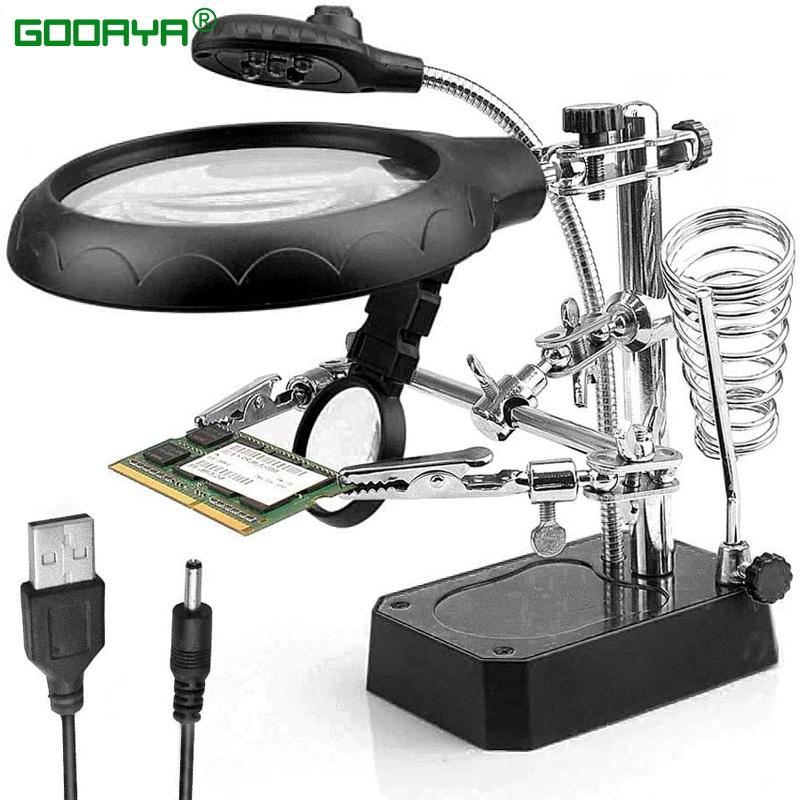 Welding Magnifying Glass LED Light Auxiliary Clip loupe Magnifier 3 In1 Hand Soldering Solder Iron Stand Holder Station