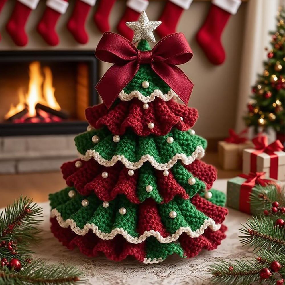 Diy Crochet Christmas Tree Kit With Yarn Hook Beads Instructions, Red And Green
