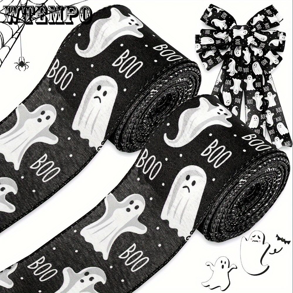 2 рулона ленты с проволочным краем в стиле «Привидение на Хэллоуин», классический стиль, черная белая лента для поделок на Хэллоуин, для изготовления венков, бантов, подарочной упаковки своими руками