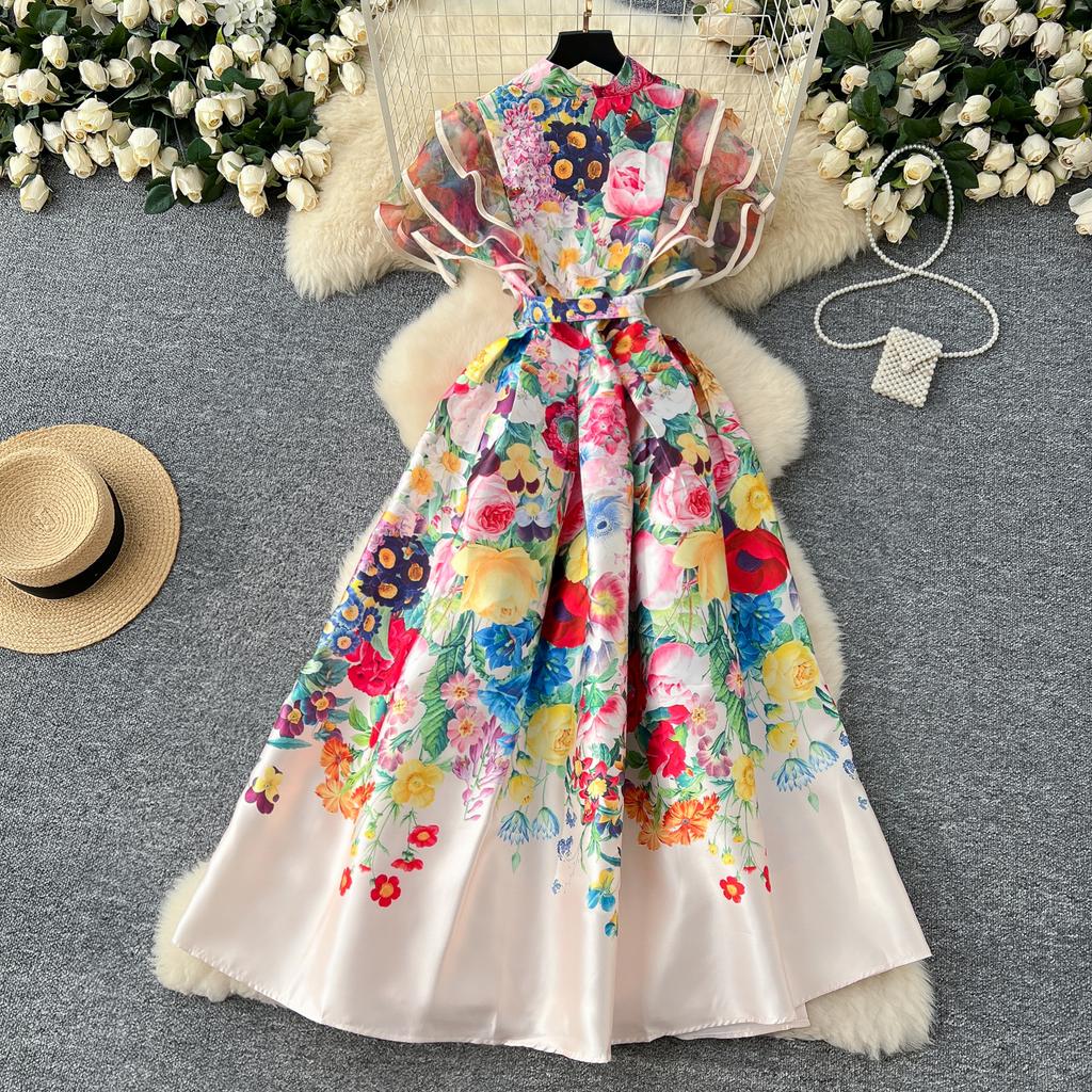 Франция Элегантный Винтаж Дворцовый Вечернее Платье Женщин Сетчатый Принт Пояса Оборками Длинное Вечернее Платье Женщин Повседневная Праздничная Одежда Новинка