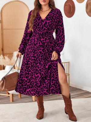 Элегантное платье большого размера с леопардовым принтом и V-образным вырезом для весны и осени