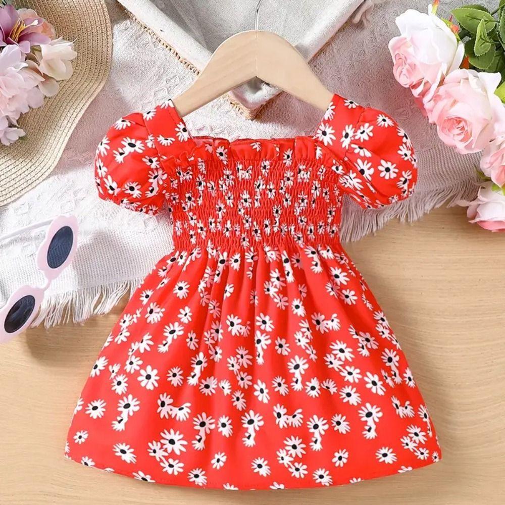 Square Collar Summer Flower Dress Puff Sleeve Toddle Dress Baby Girls Princess Dress Summer