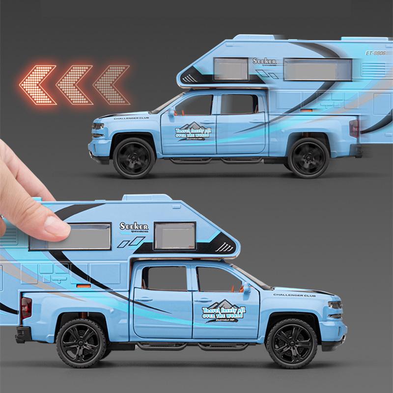 1/32 Пикап Silverado RV Модель автомобиля для отдыха Литой Кемпер Фургон Автодом Туристические транспортные средства Модель автомобиля Звук Свет Детская игрушка Подарок