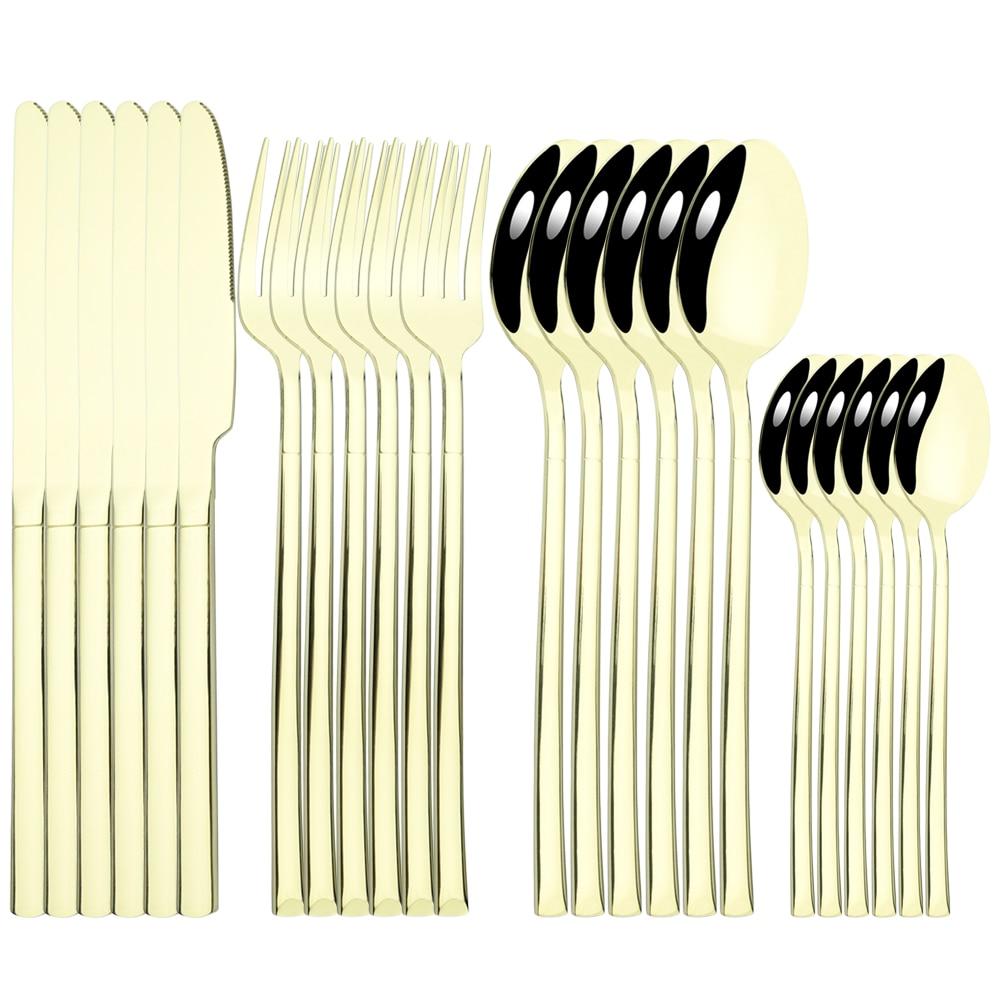 Золотая посуда, ложки, вилки, ножи, столовые приборы, 24 предмета, набор столовой посуды из нержавеющей стали, зеркальная полировка, кухонный набор столового серебра