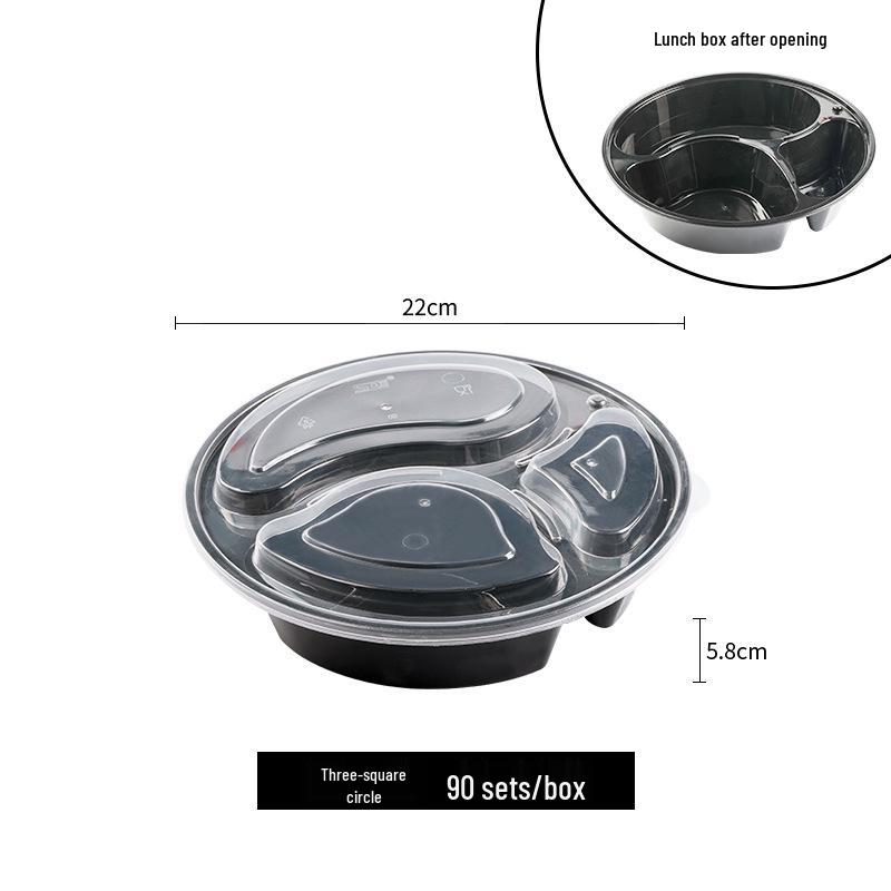 European & American Round Three-Compartment Disposable Lunch Box, Thickened Transparent Black Container for Takeaway Packaging