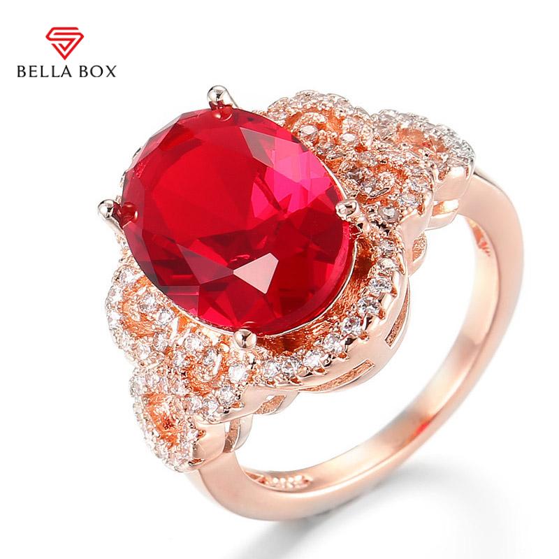 BELLA BOX Классические кольца для женщин с овальной формой, рубиновые драгоценные камни, цвет розового золота, очаровательные женские ювелирные изделия, подарок