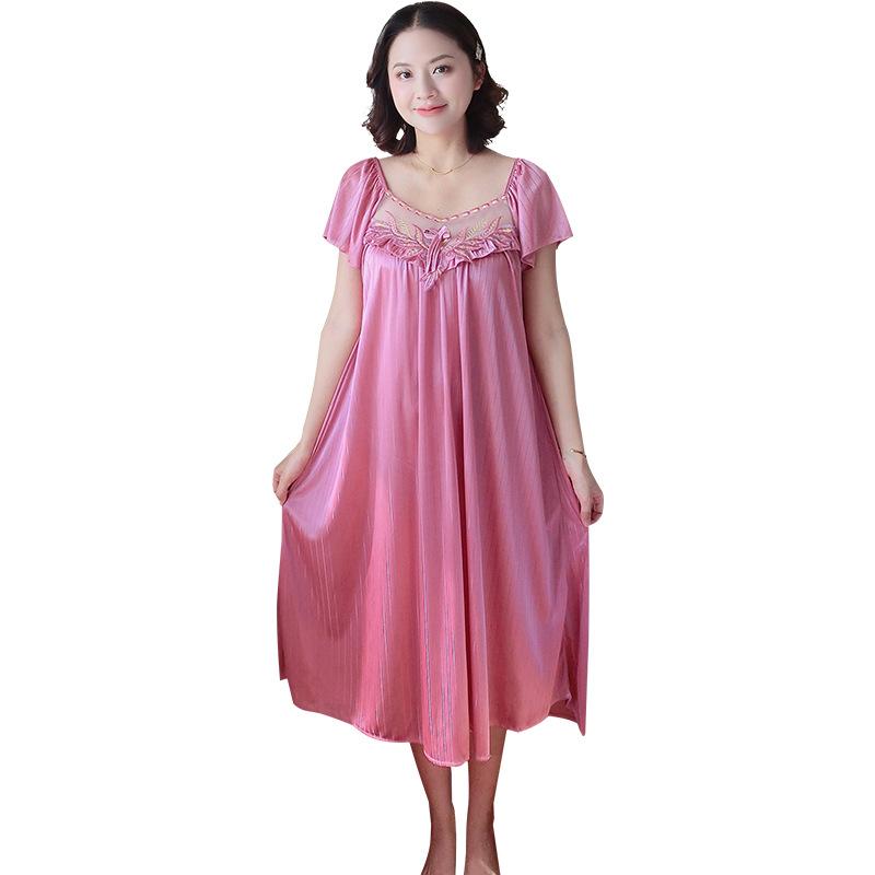 Silk Ladies Sleepwear Ice Sexy Nightgowns Sleeping Dress Medium Length Short Sleeve Nightdress Home Wear Loungewear Pyjama Femme