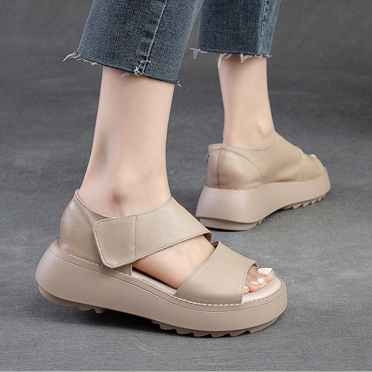 Women Sandals Thick Sole Peep Toe Platform Shoes Genuine Leather Vintage Comfortable Sandals