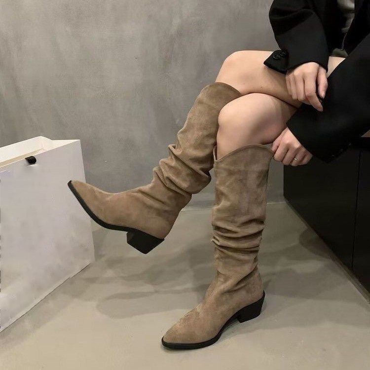 French Retro Brown Small Boots Summer and Autumn New High Boots Women's Boots Stacked Boots Cowboy Boots