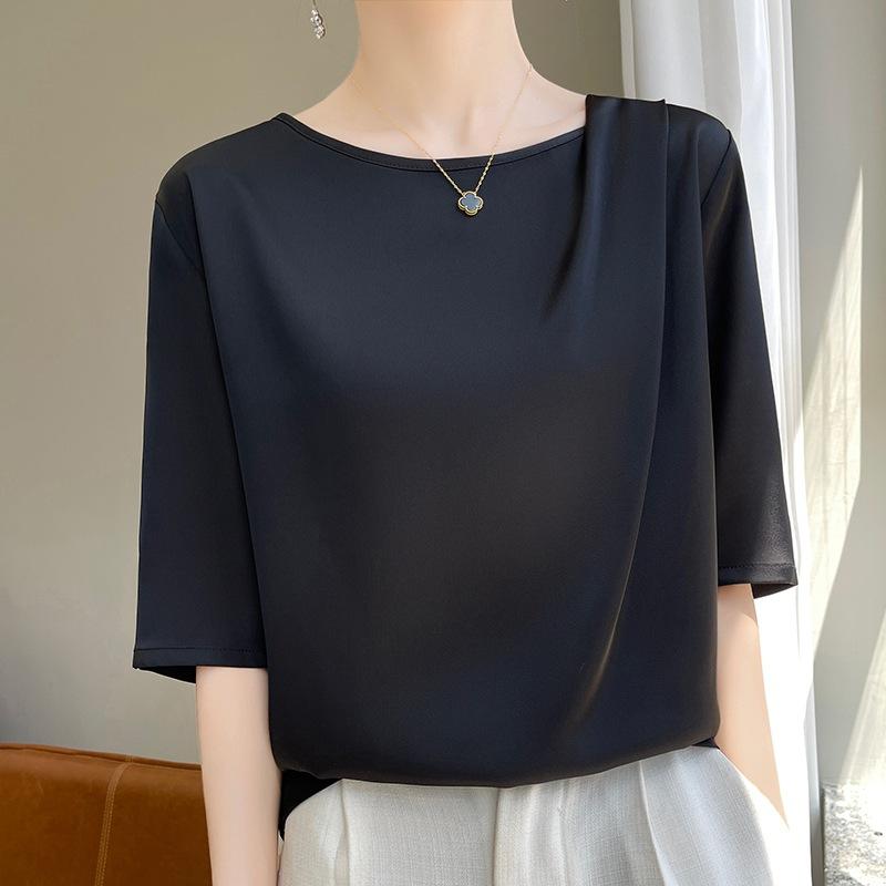 Шелковая футболка для женщин, летняя свободная футболка с круглым вырезом, короткие топы с короткими рукавами