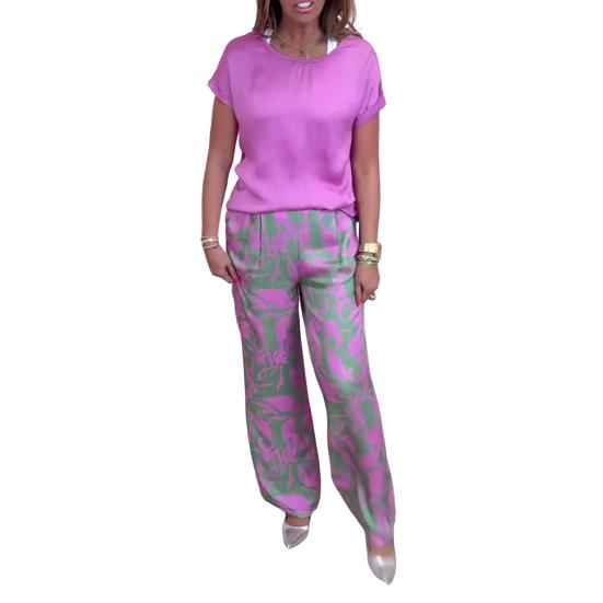 Женский комплект из двух предметов с принтом «бохо», повседневный топ с круглым вырезом и короткими рукавами, широкие брюки, летний комплект для дома