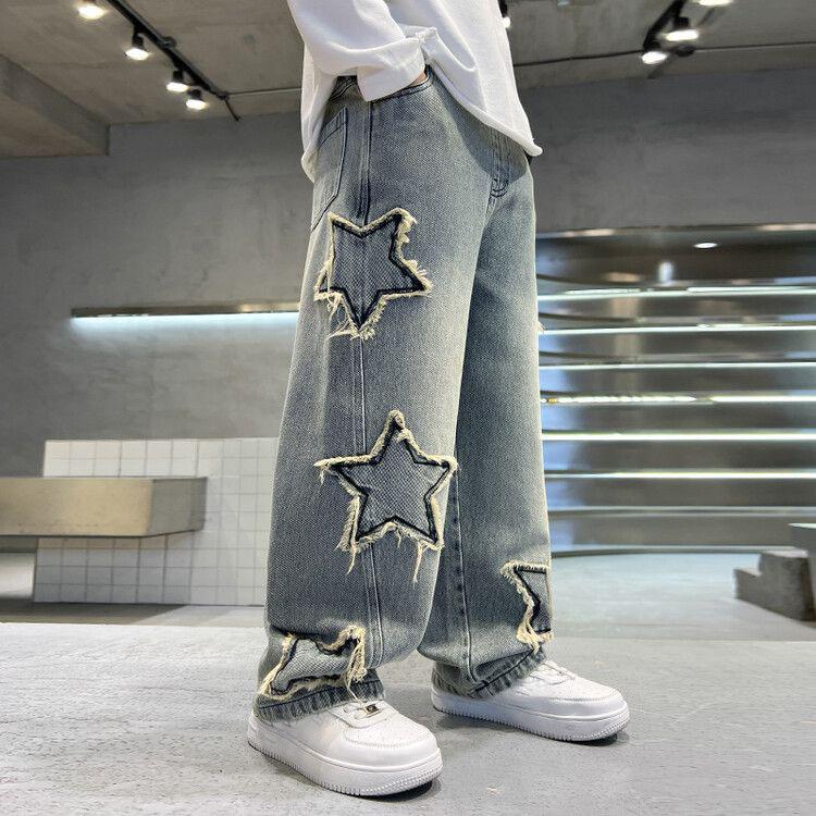 Fashion Teenager Boys Denim Wide Leg Pants Child Trousers Spring Autumn Star Splicing Raw Edge Jeans