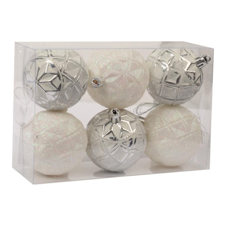 Set of 6 White Plastic Baubles with Embossed Diamond Pattern - 3 Silver-Plated, 3 Glitter, Diameter 6 cm