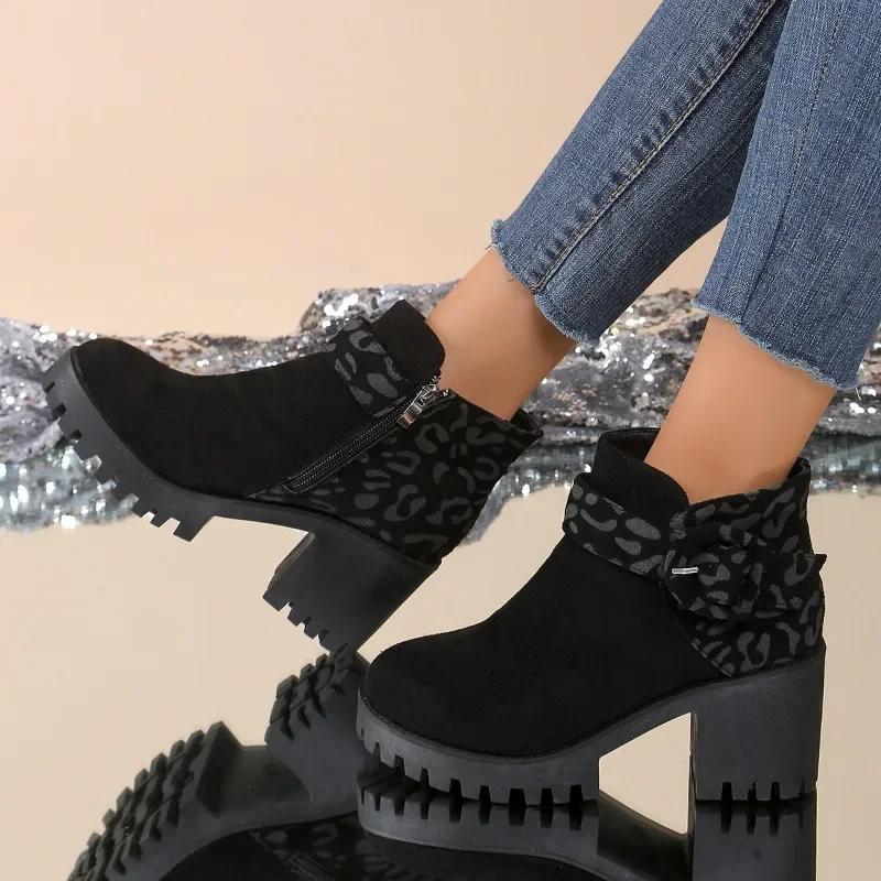 Shoes Female 2024 Hot Sale Side Zip Women's Boots Winter Round Toe Suede Leopard Print Mixed Colors Short Barrel Fashion Boots