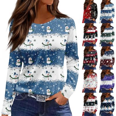 Женская модная повседневная футболка с разрезом по низу, круглым вырезом, длинными рукавами, свободного кроя, с рождественским принтом, женский топ