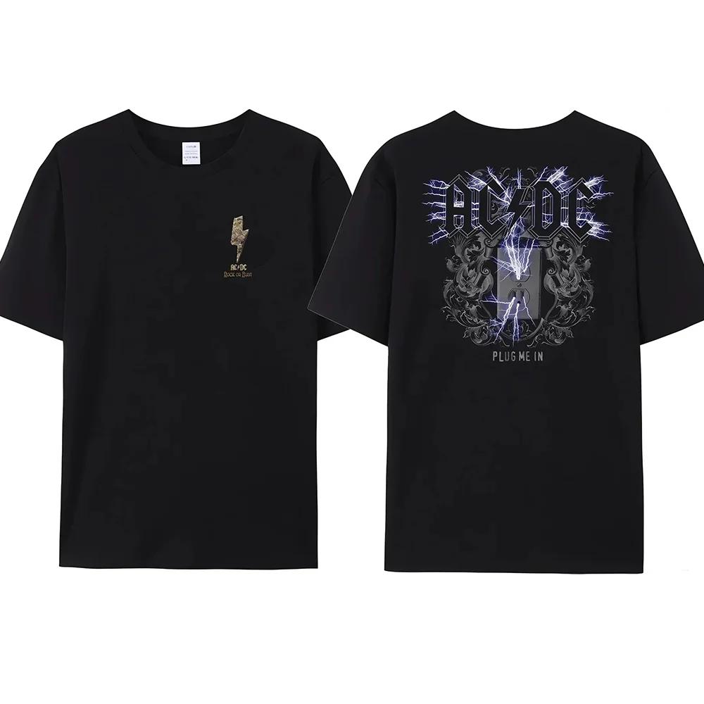 Retro Men's AC-DC Printed Black Cotton Shirt Men's Comfortable Casual Street Popular Hell's Bell T-shirt Man Clothes Top Tees