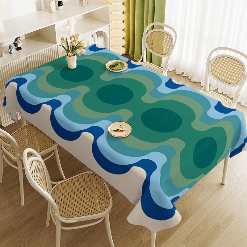 1Pc Modern Abstract Wave Tablecloth Blue Green Circular Pattern Table Cover For Dining Room Kitchen Decorative Dustpr