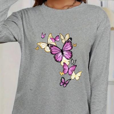 Топы для женщин Фиолетовый принт бабочки Круглый вырез Длинный рукав Футболка Осенний повседневный тонкий пуловер Женский длинный рукав Топ