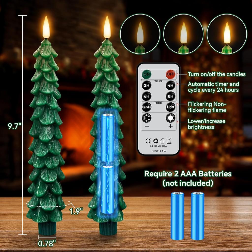 4 Pack Flameless Christmas Tree Candles with Remote, 9.8” LED Battery Operated Taper Candles, Green 3D Flickering Candlesticks for Holiday Home