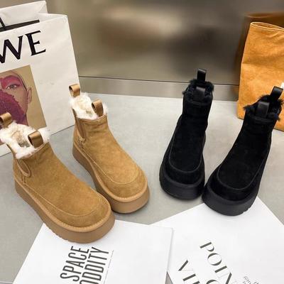 Европейская станция 2025 зима кожаные ботинки на высокой платформе женские универсальные повседневные овчина мех интегрированные термохлопковые ботинки