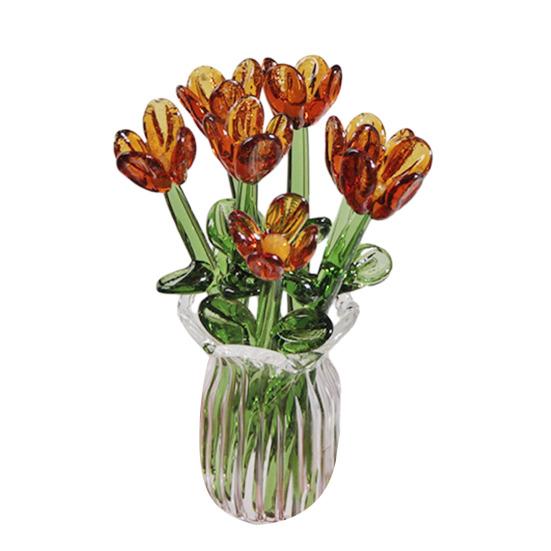 Glass Flower Bouquet with Vase Hand-Blown Mini Flower Decoration Home Living Room Handmade Simulation Floral Ornament with
