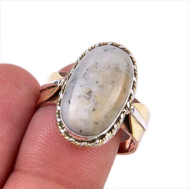 Natural Dendrite Opal Gemstone 925 Solid Sterling Silver Two Tone Ring S.9 B9O16
