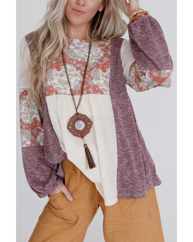 Azura Exchange Multicolor Floral Colorblock Bubble Sleeve Ribbed Knit Top