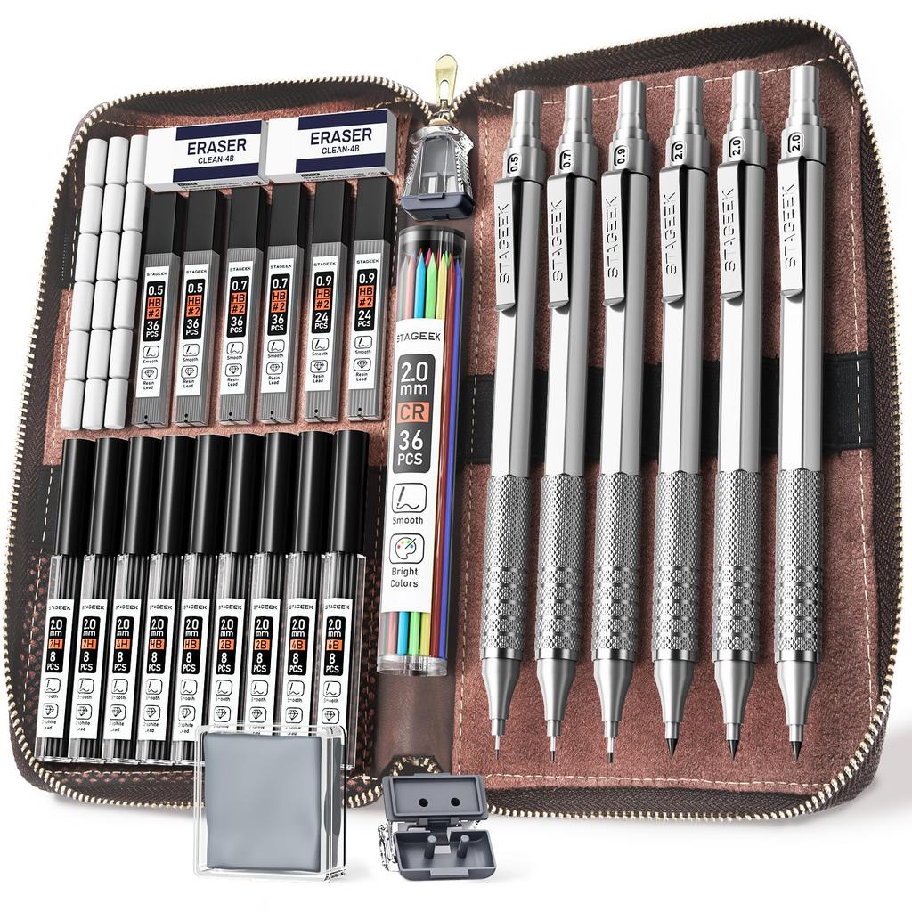STAGEEK Mechanical Pencil Set In Leather Case Silver