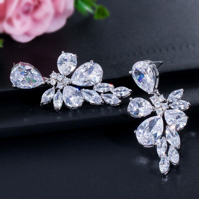 CMM Luxury Bridal Silver Color Jewelry Water Drop Cubic Zirconia Drop Earrings