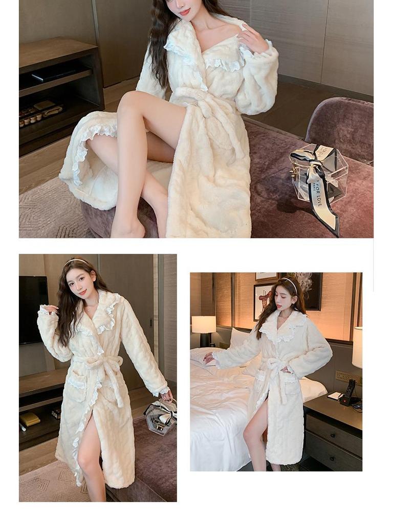 Корейская модная женская кружевная фланелевая ночная рубашка - плотная, теплая, зимняя пижама из кораллового флиса