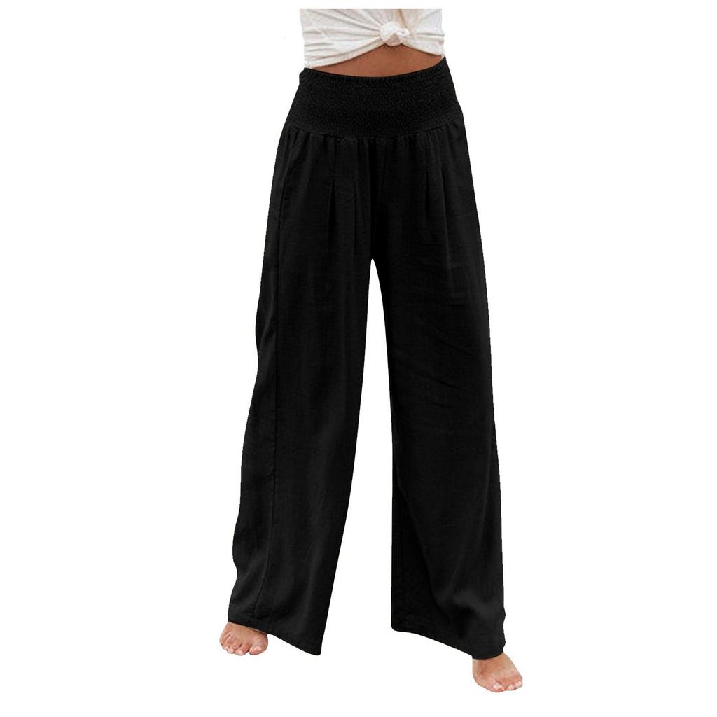 Women's Casual Loose High Waist Cotton Linen Wide Leg Long Pants With Pockets