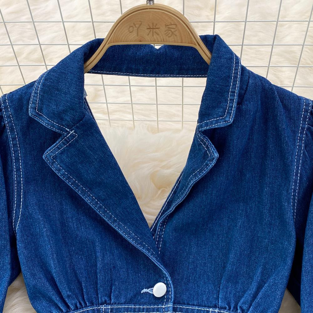 RUGOD Весеннее и осеннее джинсовое платье трапециевидной формы с воротником на талии и талией. Элегантное длинное платье.