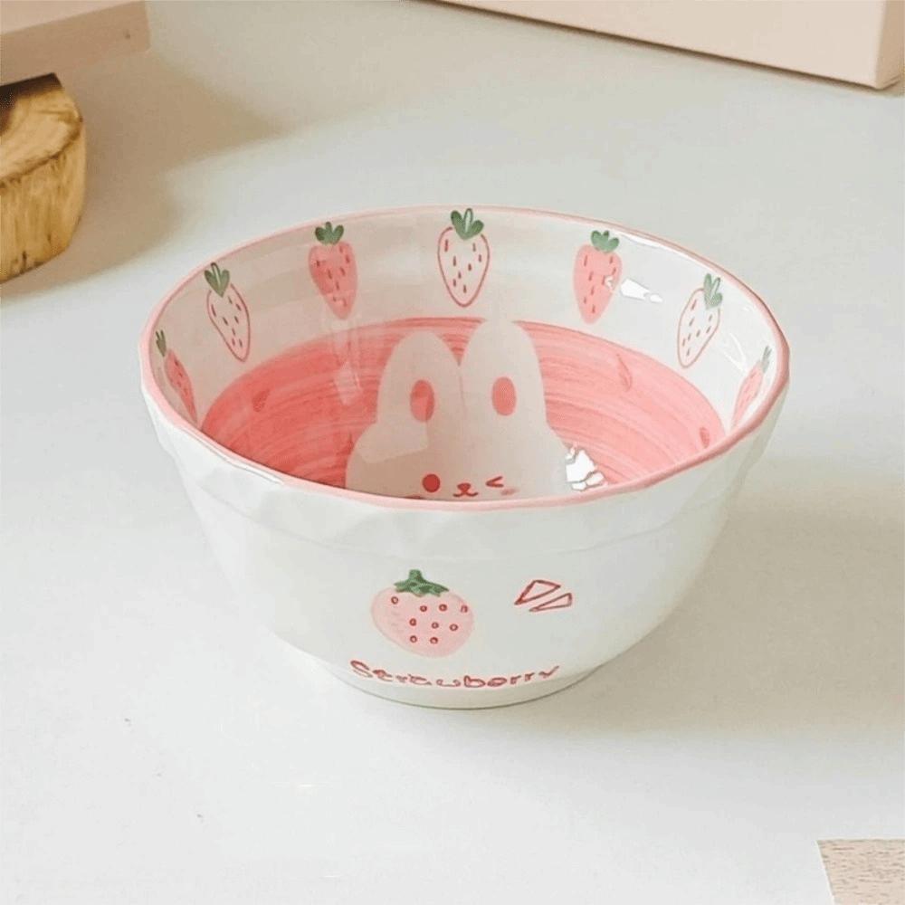 Керамическая миска с рисунком "Кролик и клубника", цветная подглазурная роспись, миска для супа, милая миска для фруктового салата, посуда