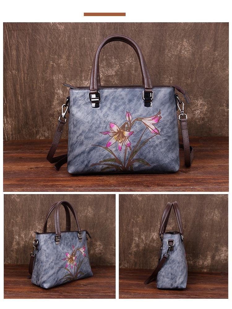 Johnature Retro Woman's Handbag Hand Painted Genuine Leather Women Shoulder Bags Leisure Floral Cowhide Messenger Bag