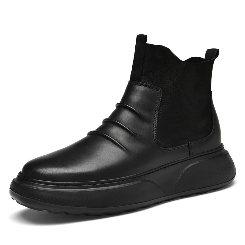 Fashion Brand Classic Black Side Zipper Winter Men's Outdoor Boots Fashion Warm Mid Top Cotton Shoe with Leather Top Layer Cowhide Boots
