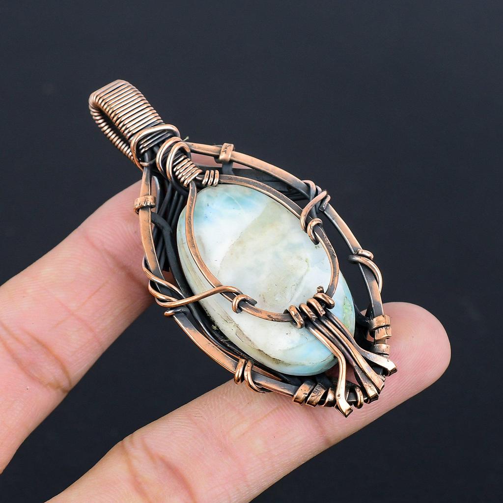 Подвеска с ларимаром, Ювелирное изделие из драгоценного камня, Подвеска, обернутая медной проволокой 999 пробы, Украшения ручной работы, Подвеска с камнем рождения, Подарок для него