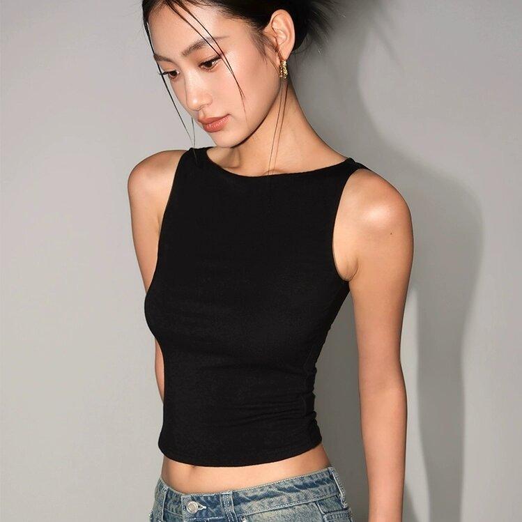 Women Double Layer Boat Neck Soft Slinky Tank Top