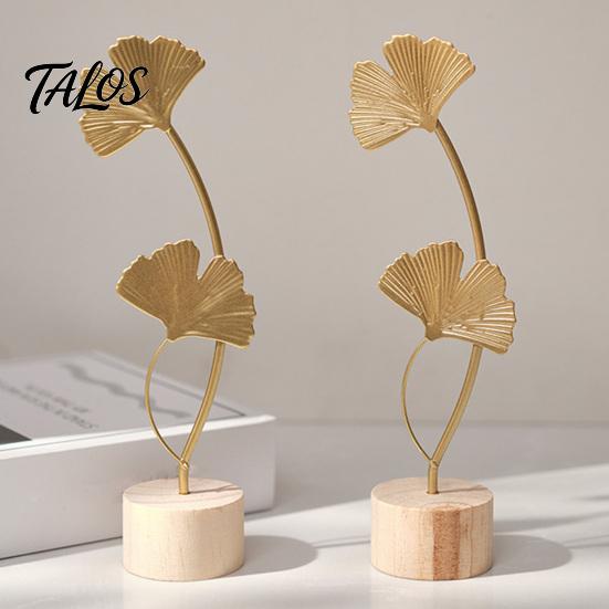 Металлические ornaments-листья Talos, Золотой лист пальмы, Статуэтка-перо гинкго с деревянной основой, Современная настольная скульптура для гостиной, книжной полки, офиса