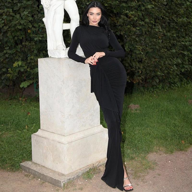 Модное сексуальное платье с длинным рукавом и запахом на бедрах, осенне-зимнее женское платье с разрезом и рыбьим хвостом