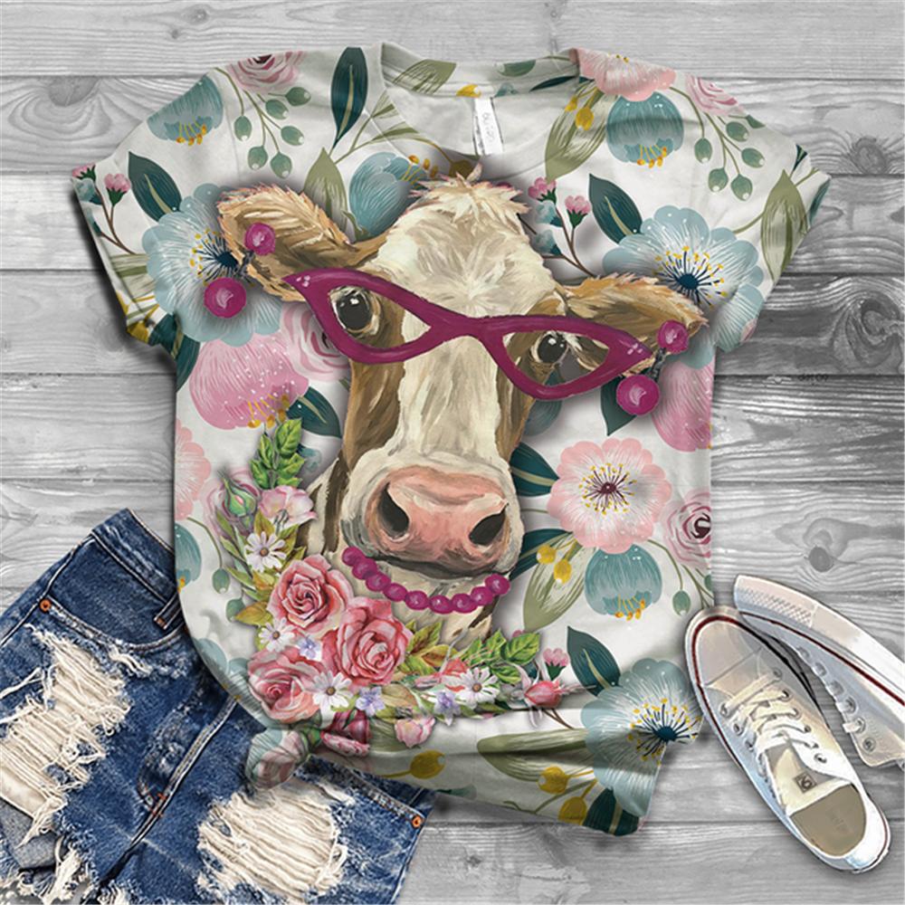 Женская футболка с коротким рукавом, летняя повседневная анимационная лошадь, цифровой 3D принт, сексуальный топ с диагональным воротником, свободный женский пуловер