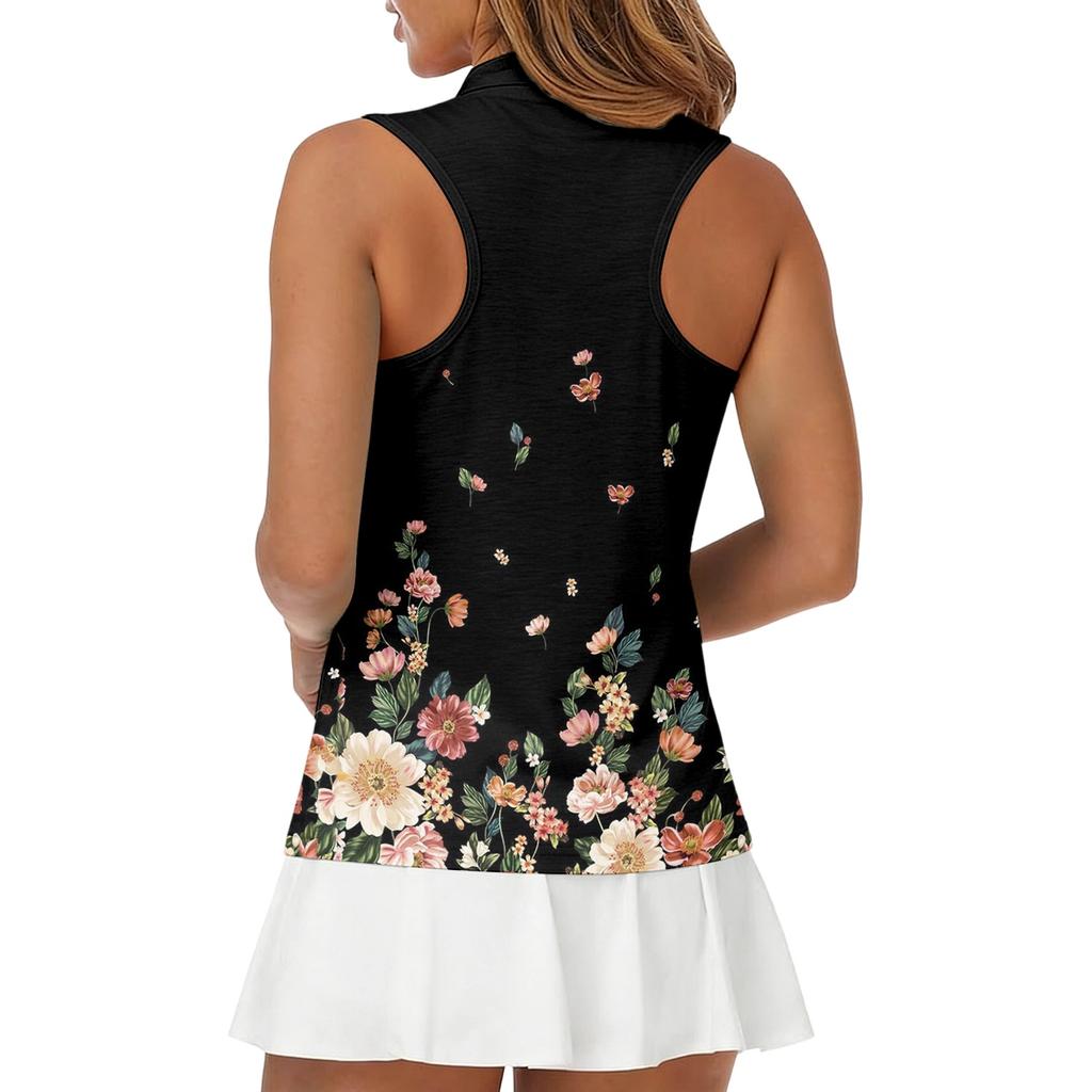 Women Sleeveless Golf Polo Shirt Zip Collar Printed Sports Tank Top Lightweight Breathable Athletic Shirt for Outdoor Activities